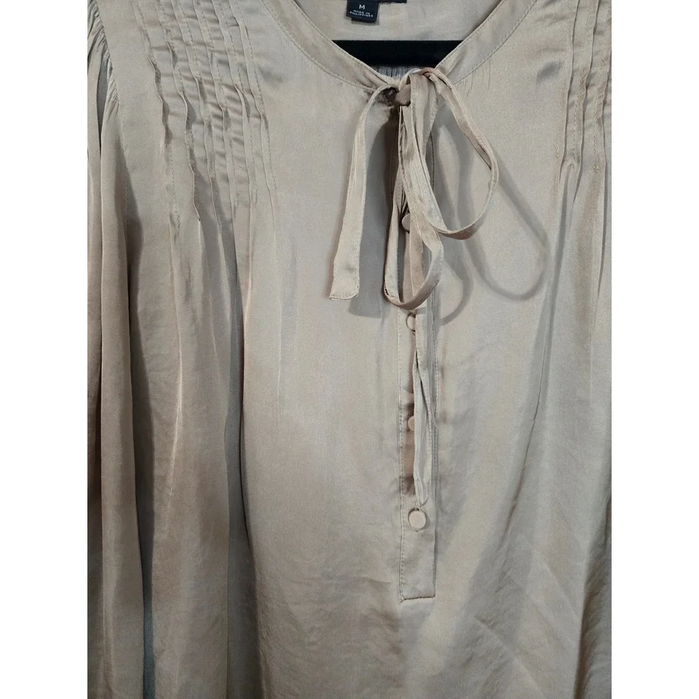 J.Crew Womens Pintuck Tie Neck Blouse Champagne Tan Long Sleeve Top Size M
